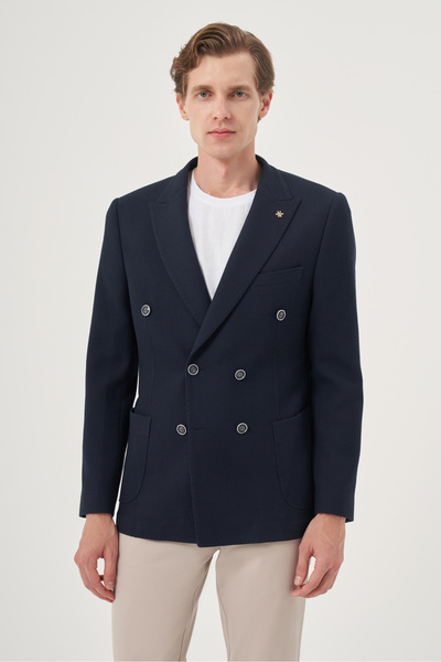 Morven Men's Navy Blue Polyviscon Double Breasted Patterned Slim Fit Pointed Collar Jacket