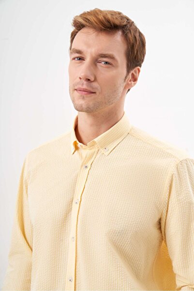 Morven Men's Yellow Cotton Striped Paneled Button Collar Regular Fit Shirt