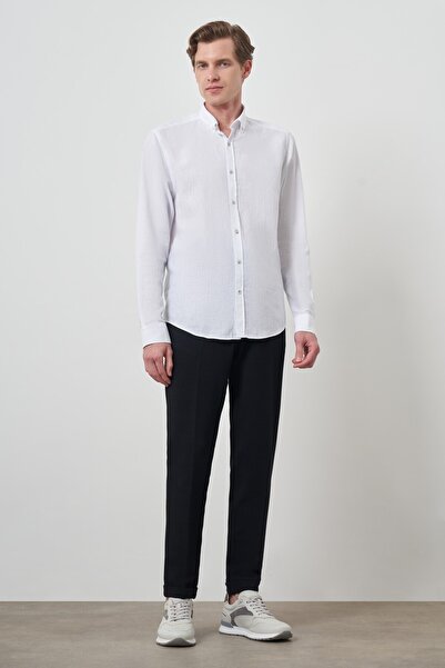 Morven Чоловіча біла сорочка з льону Trend Dynamic Fit з ґудзиковим коміром