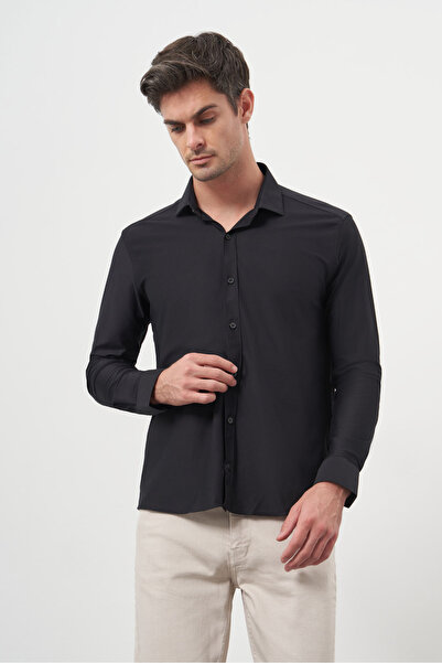 Morven Чоловіча чорна сорочка Slim Fit з італійським коміром