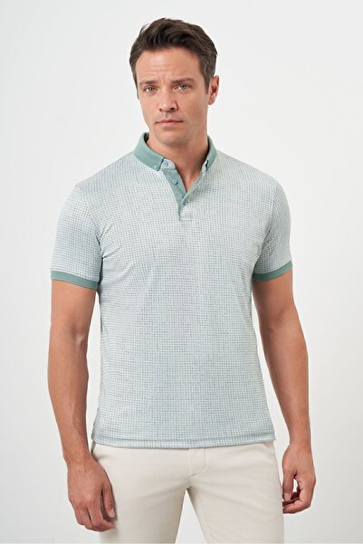 Morven Ανδρικό μπλουζάκι με κουμπιά με μοτίβο ζακάρ με κουμπιά Water Green Trend Mercerized