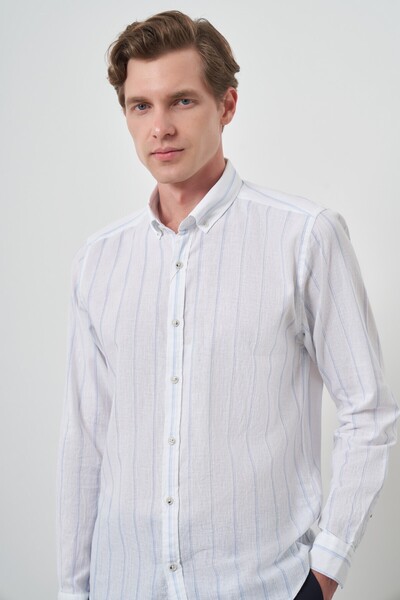 Morven Cămașă pentru bărbați A. BLUE din in, cu guler cu nasturi, cu potrivire dinamică