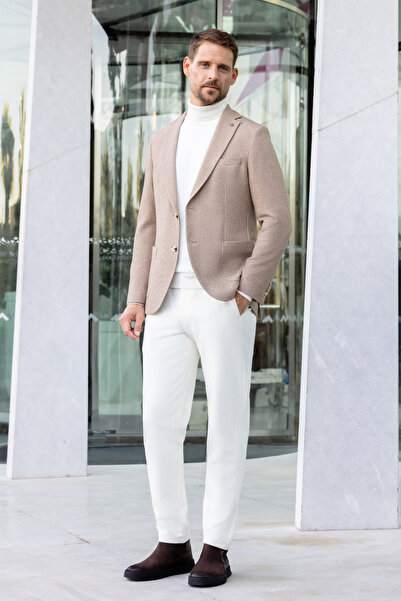 Morven Ανδρικό μπουφάν με μονό γιακά με λεπτή εφαρμογή σε μπεζ υφαντό