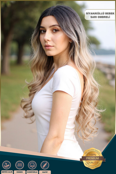 KONAK PERUK Yoğun Dalgalı Fiber Sentetik Uzun Perçemsiz Peruk - Siyah / Küllü Bebek Sarı Ombreli