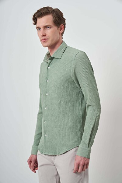 Morven Чоловіча сорочка Mint зеленого кольору з гофре та трендовим візерунком, динамічний крій, італійський комір