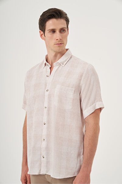 Morven Men's Beige Linen Trend Regular Fit Button Collar Short Sleeve Shirt