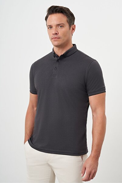 Morven Erkek Siyah Trend Merserize Düz Düğmeli Yaka Dynamic Fit T-Shirt