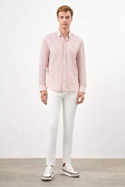 Morven Ανδρικό πορτοκαλί βαμβακερό πουκάμισο με ριγέ-πανόλι ιταλικό πέτο με λεπτή εφαρμογή