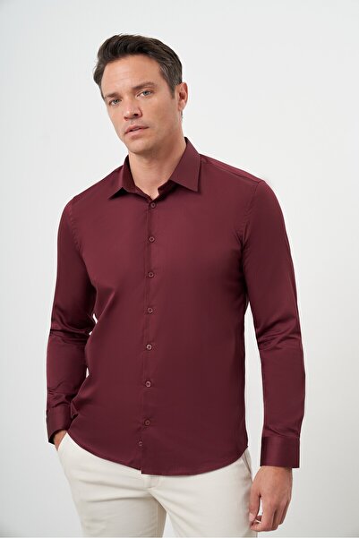 Morven Men's Burgundy Cotton Plain Pattern Hard Collar Slim Fit Shirt