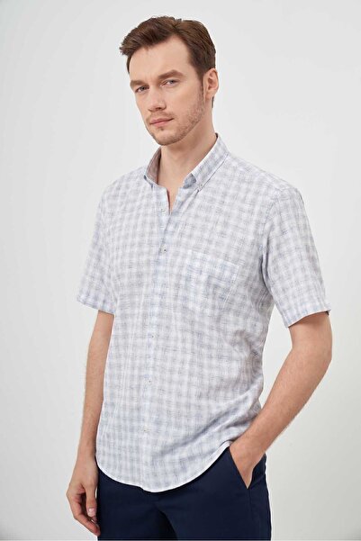 Morven Ανδρικό κοντομάνικο πουκάμισο από λινό Navy Blue