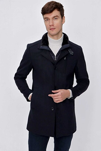 Morven Erkek Koyu Lacivert Diagonel Desen Kürklü Dynamic Fit Rahat Kalıp Çıkma Yaka Kaban