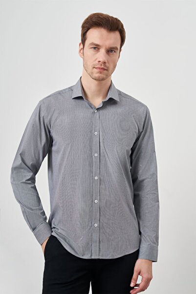 Morven قميص رجالي من القطن الأسود المطبوع ذو الياقة الإيطالية بقصة ضيقة