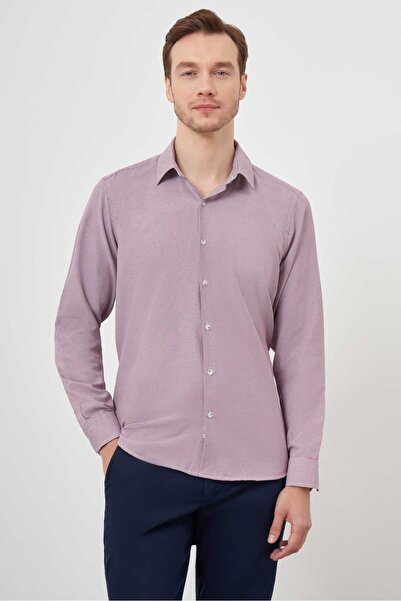 Morven قميص رجالي منقوش بقصة ضيقة باللون الأحمر