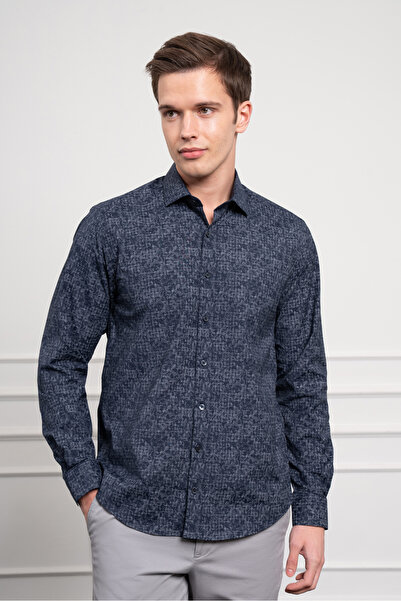 Morven Мъжка риза с италианска яка в тъмносин цвят, Trend Dynamic Fit