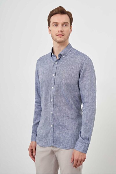 Morven Men's Navy Blue Linen Buttoned Collar Regular Fit Shirt