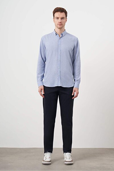 Morven Cămașă pentru bărbați, cu guler cu nasturi, cu dungi albastre de in