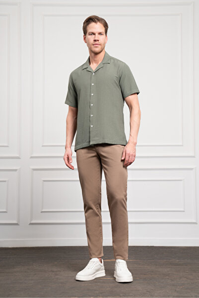 Morven Мъжка зелена риза с къс ръкав и отворена яка