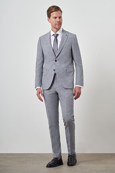 Morven Erkek Mavi Tend Keten Slim Fit Sivri Yaka Takım Elbise