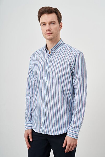 Morven Ανδρικό πουκάμισο με κανονική εφαρμογή με κουμπιά από λινό τιρκουάζ