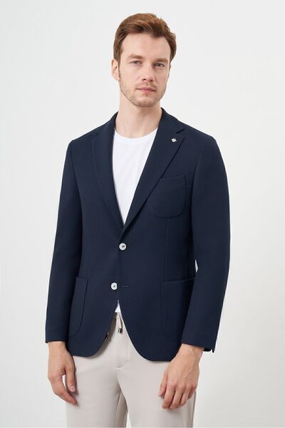 Morven Erkek Lacivert Dokuma Slim Fit Torba Cep Mono Yaka Spor Ceket