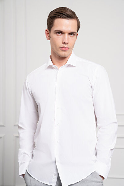 Morven Men's White Cotton Trend Slim Fit Slim Fit Italian Collar Shirt