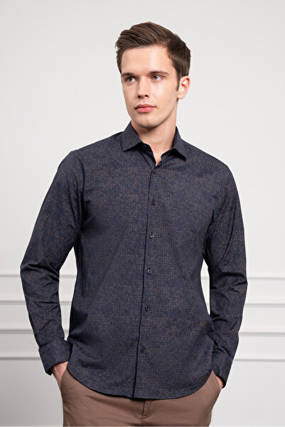 Morven Чоловіча сорочка темно-синя - кава Trend Dynamic Fit з італійським коміром