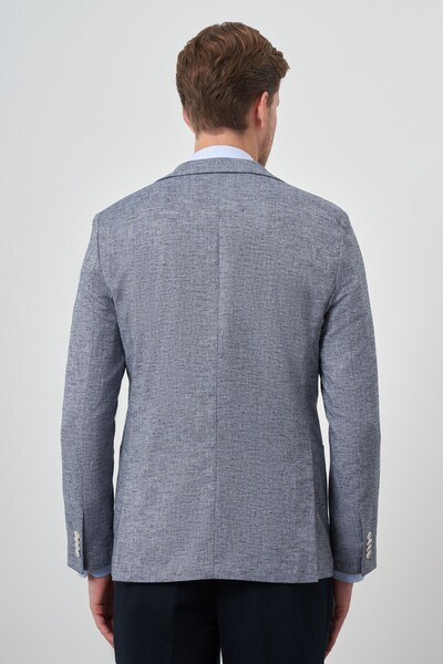 Morven Erkek Lacivert Keten Dokuma Slim Fit Mono Yaka Ceket