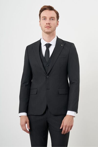 Morven Μαύρο κοστούμι με ριγέ γιλέκο Slim Fit - Μυτερό γιακά