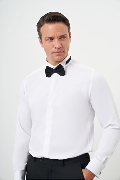 Morven Ανδρικό πουκάμισο με λεπτή εφαρμογή με λευκή μανσέτα με μοτίβο ζακάρ