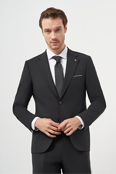 Morven Erkek Siyah Yünlü Slim Fit Mono Yaka Takım Elbise