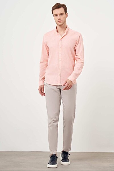 Morven Ανδρικό πορτοκαλί λινό πουκάμισο με μονόχρωμο γιακά με κουμπιά και λεπτή εφαρμογή