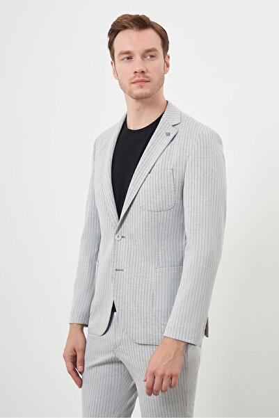 Morven Men's Gray Slim Fit Striped Polyviscon Mono Collar Suit