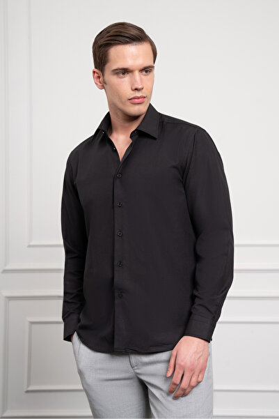 Morven Чоловіча чорна сорочка Slim Fit з вузьким кроєм і жорстким спортивним коміром