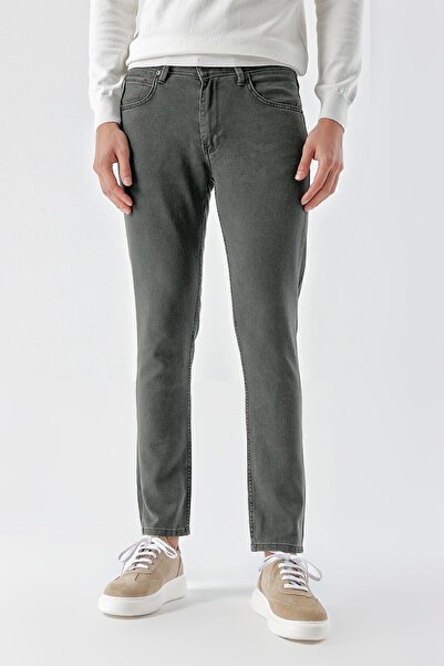 Morven Мъжки дънки Slim Fit от сезонен памук в цвят каки с 5 джоба