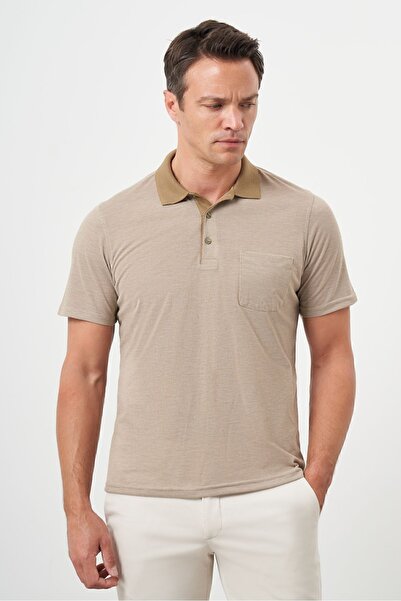 Morven Men's Beige Trend Pocket Polo Neck T-Shirt