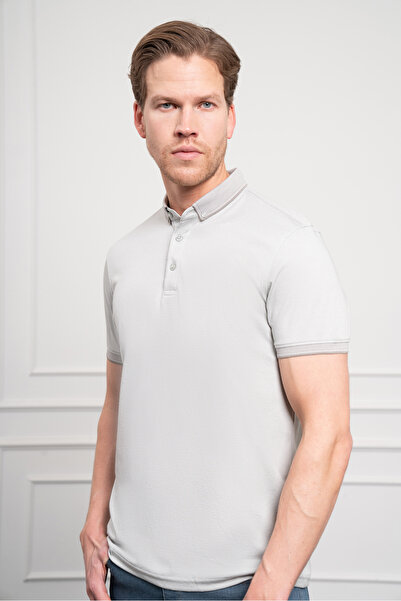 Morven Men's Gray Trend Mercerized Plain Button Collar Dynamic Fit T-Shirt