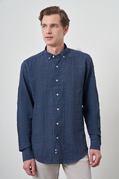 Morven Чоловіча сорочка синя бавовняна, облягаючого крою, з ґудзиками та коміром