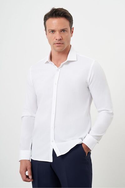 Morven Чоловіча біла бавовняна сорочка з принтом та італійським коміром, облягаючий крій