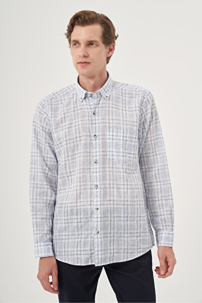 Morven Чоловіча сорочка синього кольору з льону, прямий крій, комір з ґудзиками