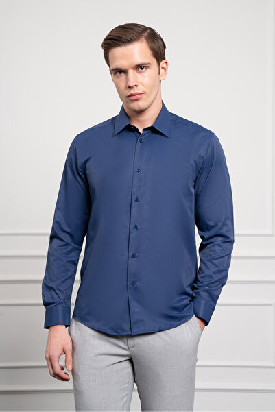 Morven Чоловіча темно-синя сорочка Slim Fit з вузьким кроєм і жорстким коміром