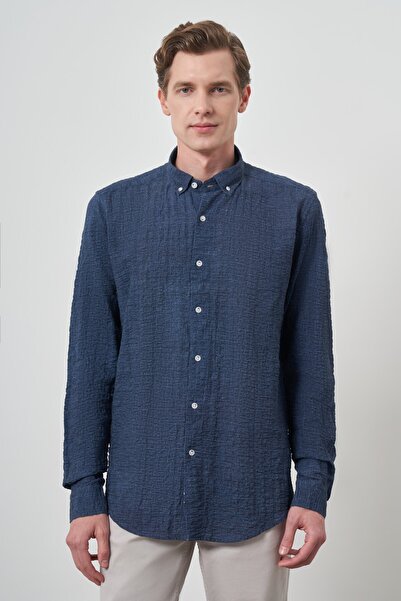 Morven Чоловіча сорочка синя бавовняна, облягаючого крою, з ґудзиками та коміром