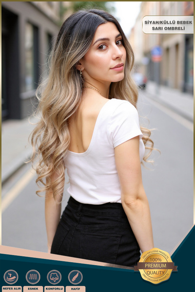 KONAK PERUK Yoğun Dalgalı Fiber Sentetik Uzun Perçemsiz Peruk - Siyah / Küllü Bebek Sarı Ombreli