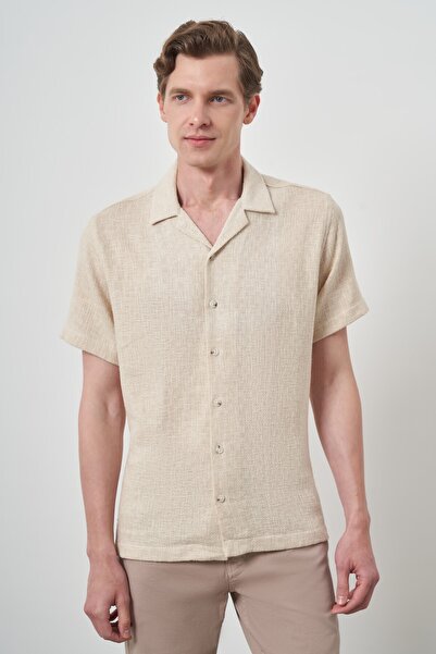 Morven Cămașă cu mânecă scurtă pentru bărbați, bej, la modă, cu guler Apaş
