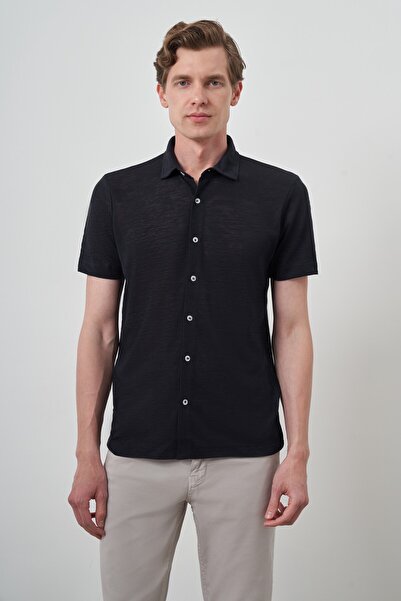 Morven Чоловіча темно-синя сорочка з коротким рукавом та коміром-апачі