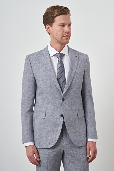 Morven Erkek Mavi Tend Keten Slim Fit Sivri Yaka Takım Elbise