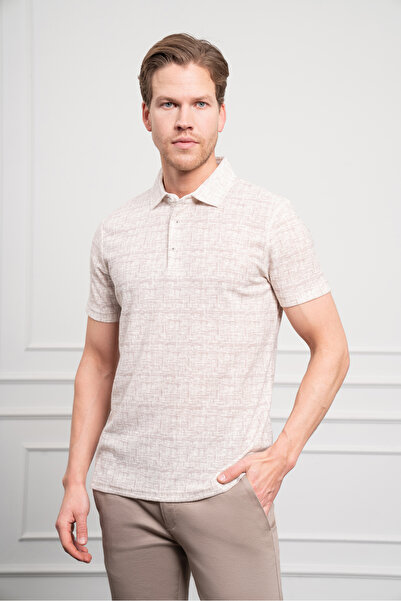 Morven Ανδρικό μπλουζάκι με μπεζ μοτίβο με γιακά πόλο Dynamic Fit Casual Fit
