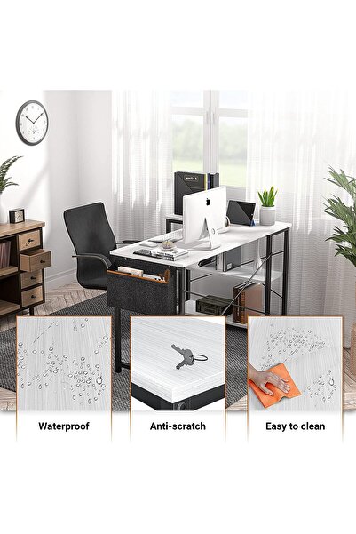 AGD L-Shaped Gaming Desk with Reversible Shelves and Side Storage Bag / White