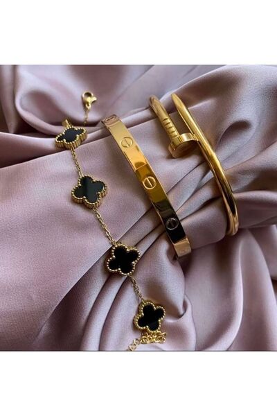 Perry Accesories kararmaz çelik siyah yonca bileklik ve kararmaz çelik kelepç...