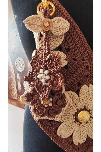 drt tasarım El Örgüsü Tığ İşi Cross Body Astarlı Fermuarlı Soft Makrome Çikolata Kahverengi Çanta