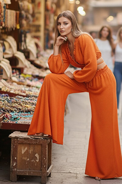 FASHION COCKTAIL Țesătură naturală de muselină - Set pantaloni și topuri crop cu buric expus - Vacanță pe plajă